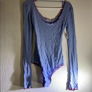 Blue with Pink lettuce Edge bodysuit-Free People